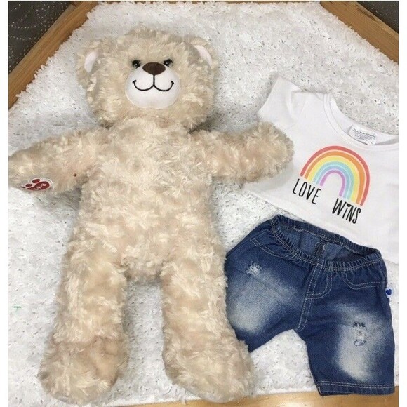 Build A Bear Happy Hugs Tan Swirl Plush Cozy Teddy Bear 16" Rainbow Shirt Jeans - Picture 6 of 11